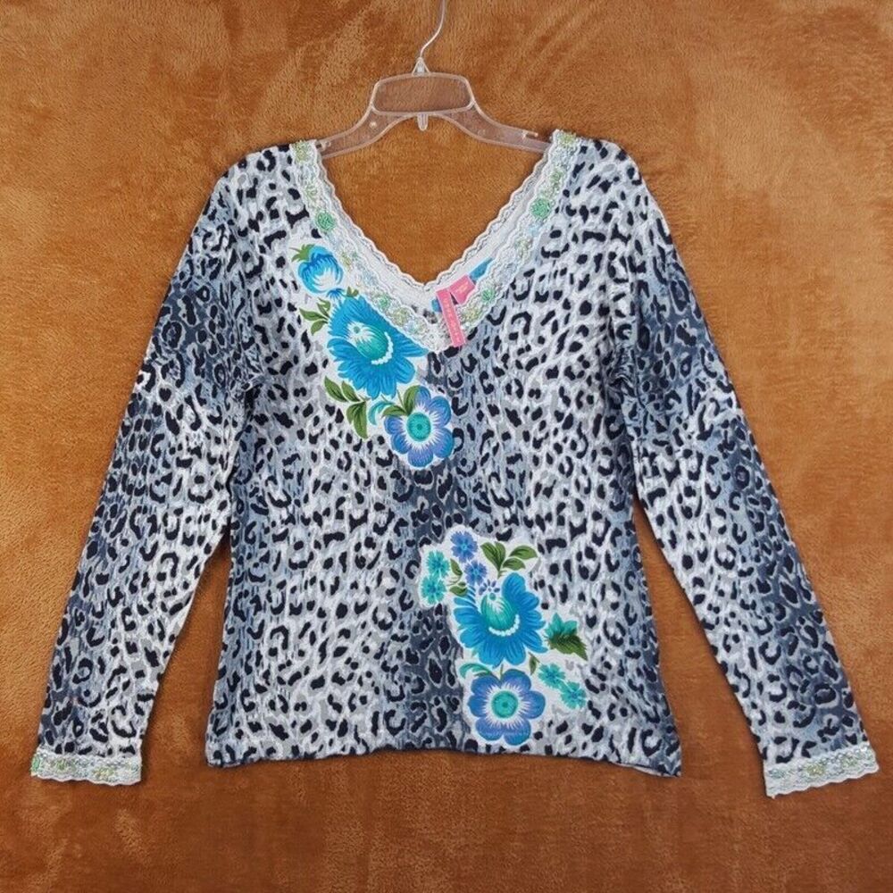 CHARLOTTE TARANTOLA Womens Sweater Large Gray Pullover Leopard Floral Beaded - Picture 1 of 8